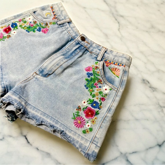 EUC Spell & The Gypsy Light Blue Wanderlust Embroidered Denim Shorts w/ Raw Hem - Picture 4 of 12